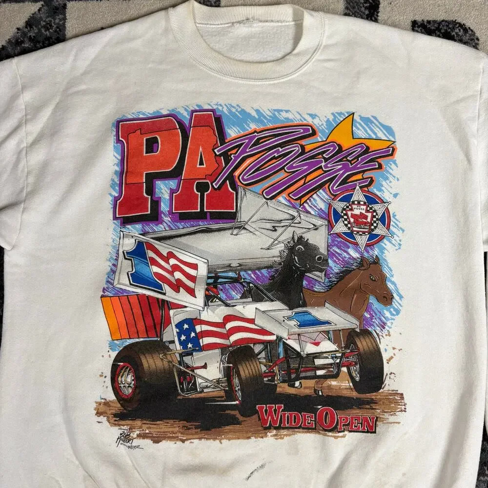 Vintage 90s PA Posse Wide Open Sprint Car Racing Sweatshirt Sweater White Sz XL